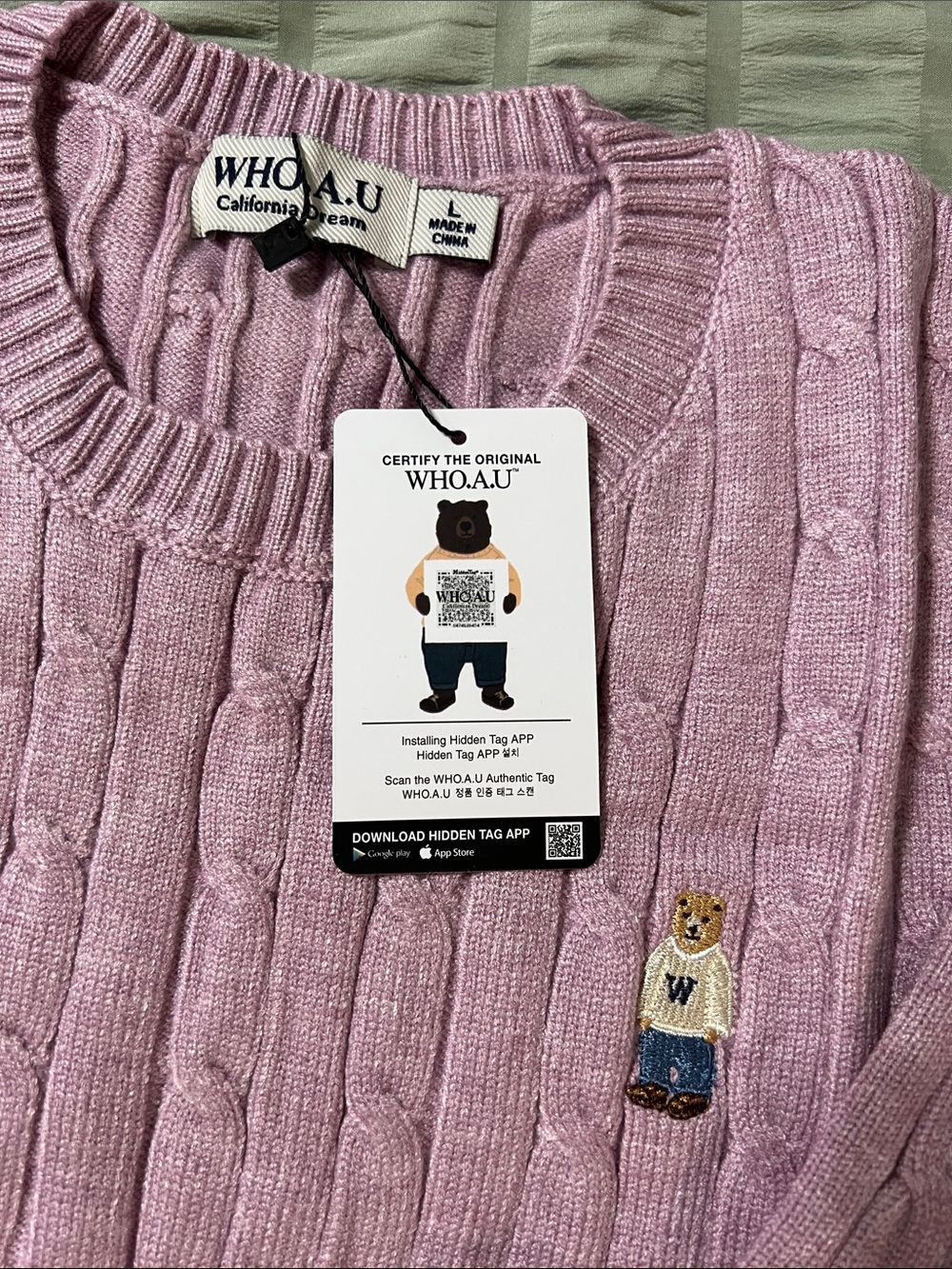 WHO.A.U Women’s Cable Knit Crewneck Sweater — Light Pink - Picture 3 of 3
